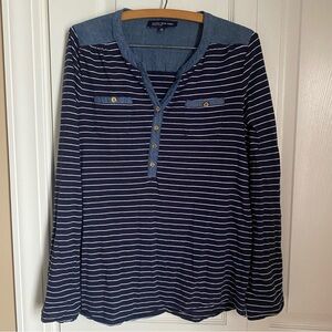 Jones New York Navy Blue Striped Denim Long Sleeve Henley Shirt Gold Buttons M